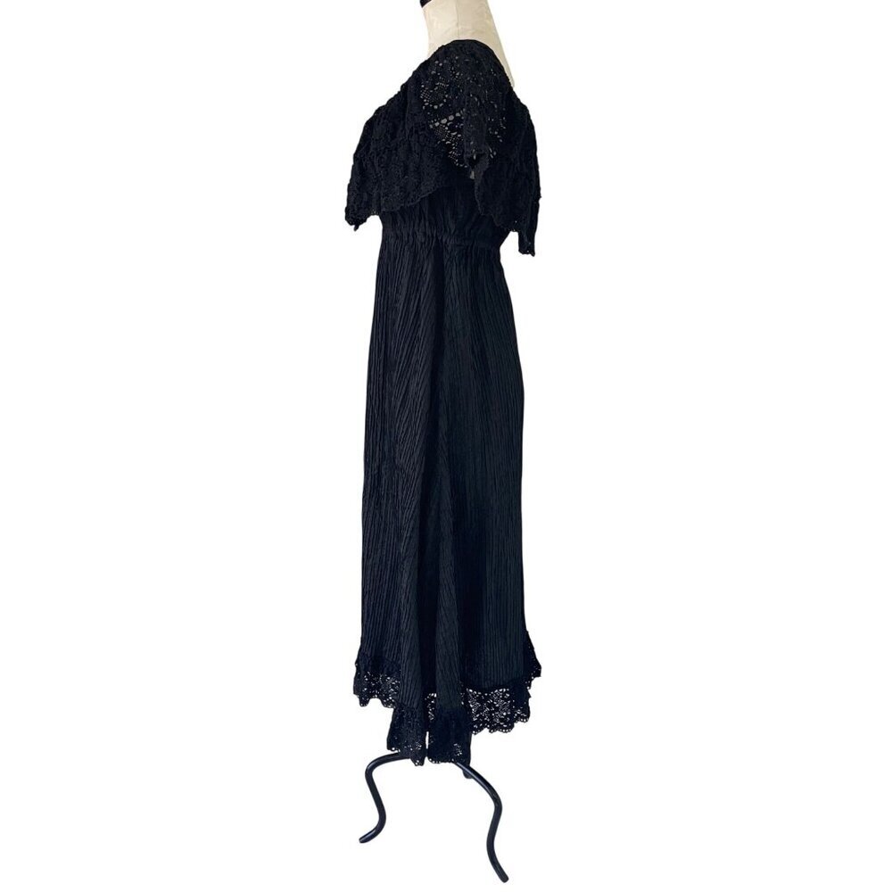 Vintage Womens Dress Size Large Black Pintuck Crochet Lace Trim Bohemia - Picture 9 of 10
